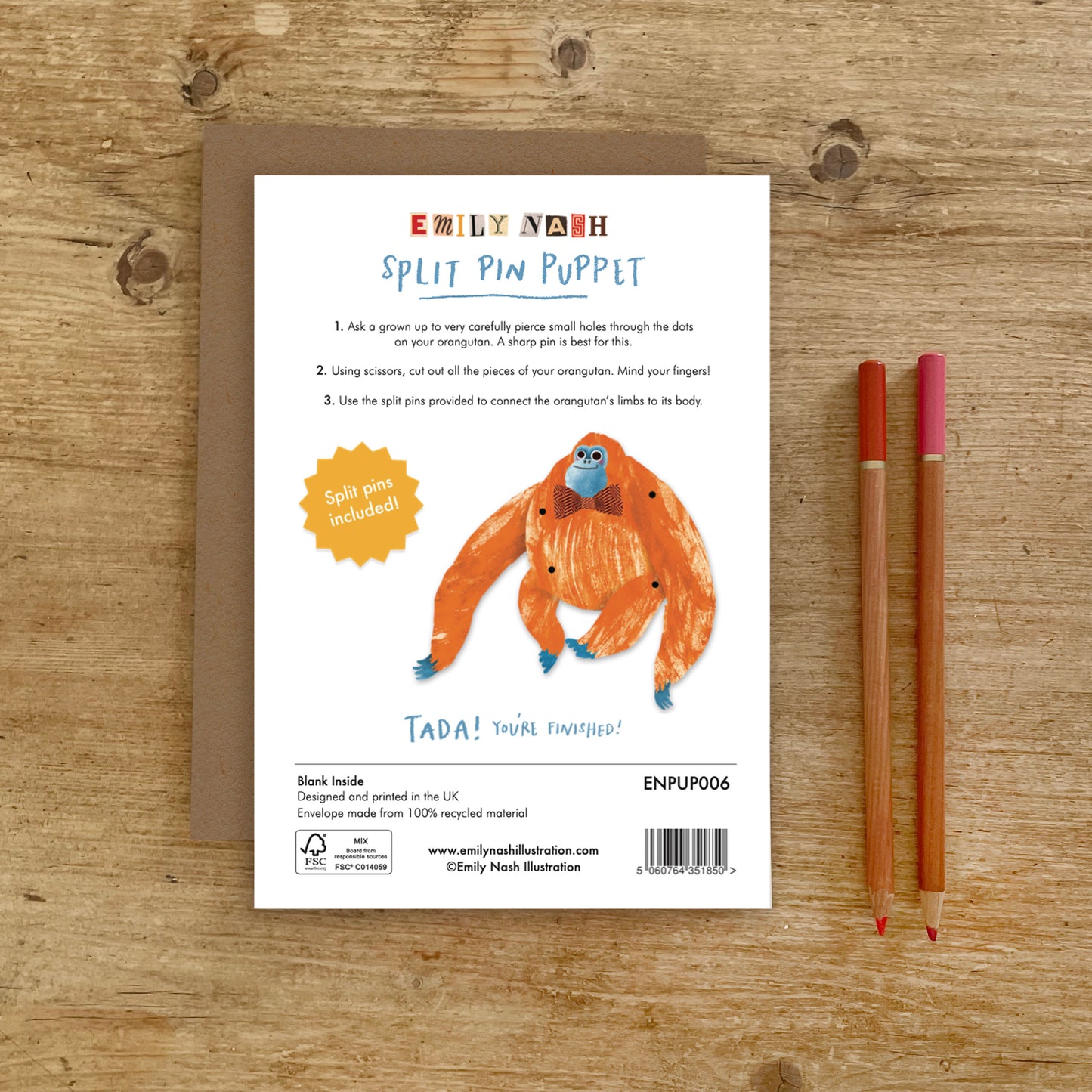 Orangutan Split Pin Puppet A5 Greeting Card image 2