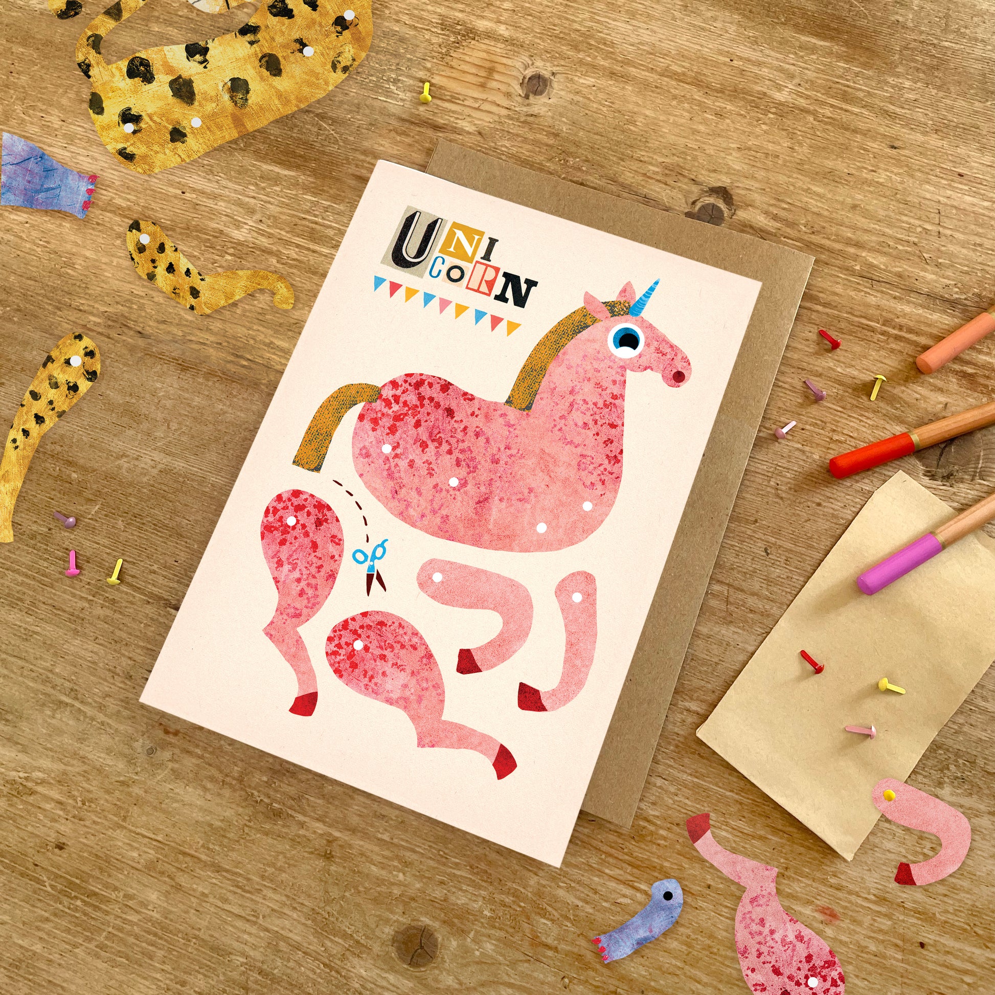 Unicorn Split Pin Puppet A5 Greeting Card image 0