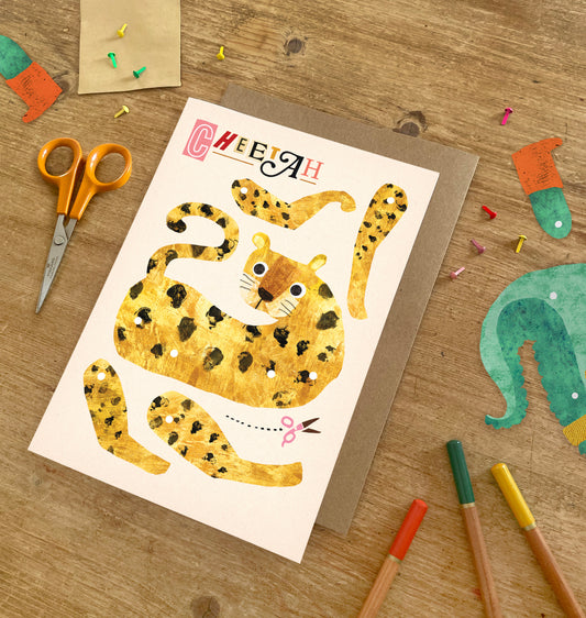 Cheetah Split Pin Puppet A5 Greeting Card image 0