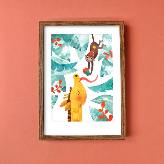 Giraffe & Monkey Recycled A4 Art Print image 0