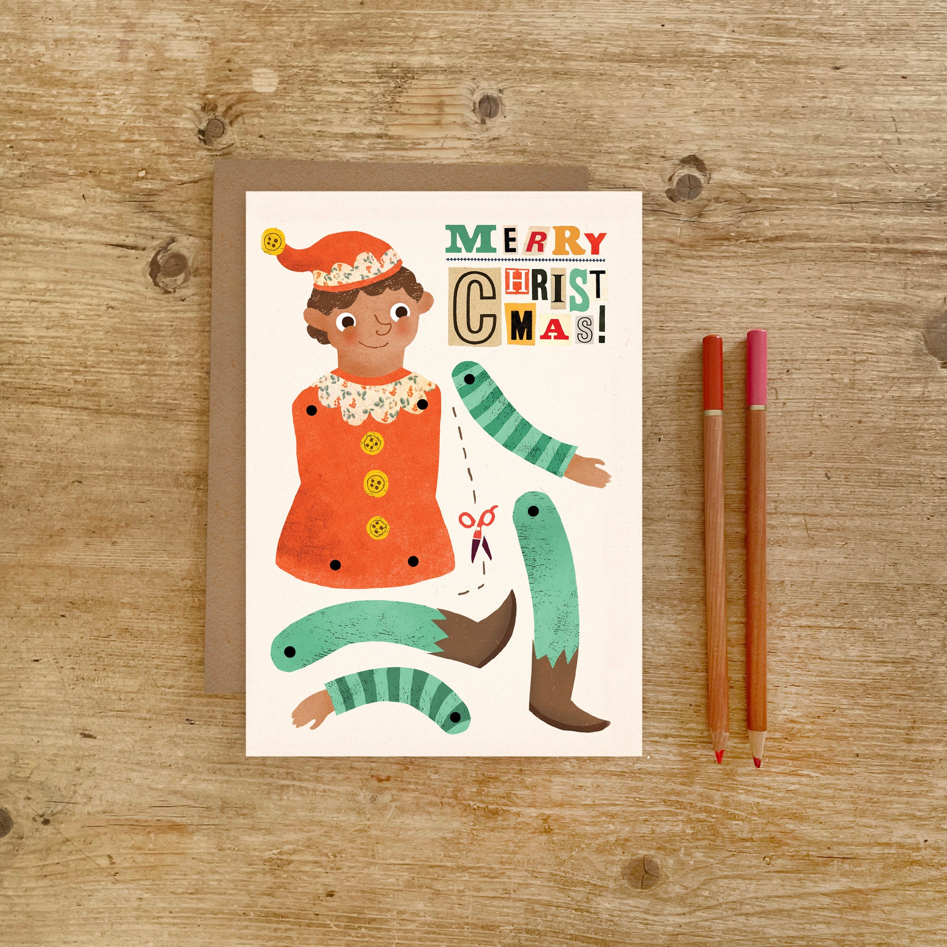 Christmas Elf Split Pin Puppet A5 Greeting Card image 0